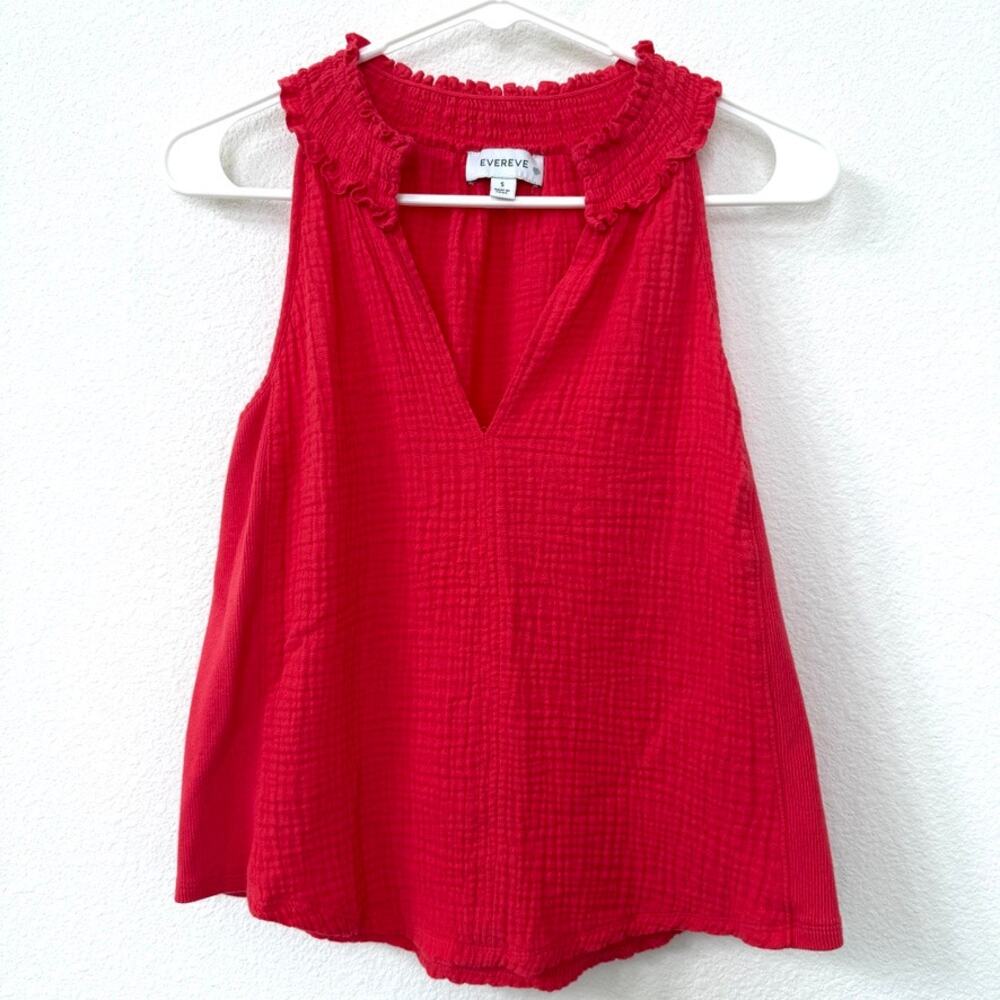 EVEREVE Ruffle Neck Gauze Top Red Sleeveless Cotton Tank Blouse Small